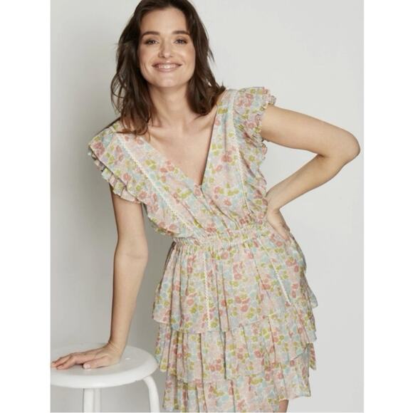 NWT Anthropologie Love The Label Ines Ivory Floral Tiered Ruffle Mini Dress - Picture 4 of 9